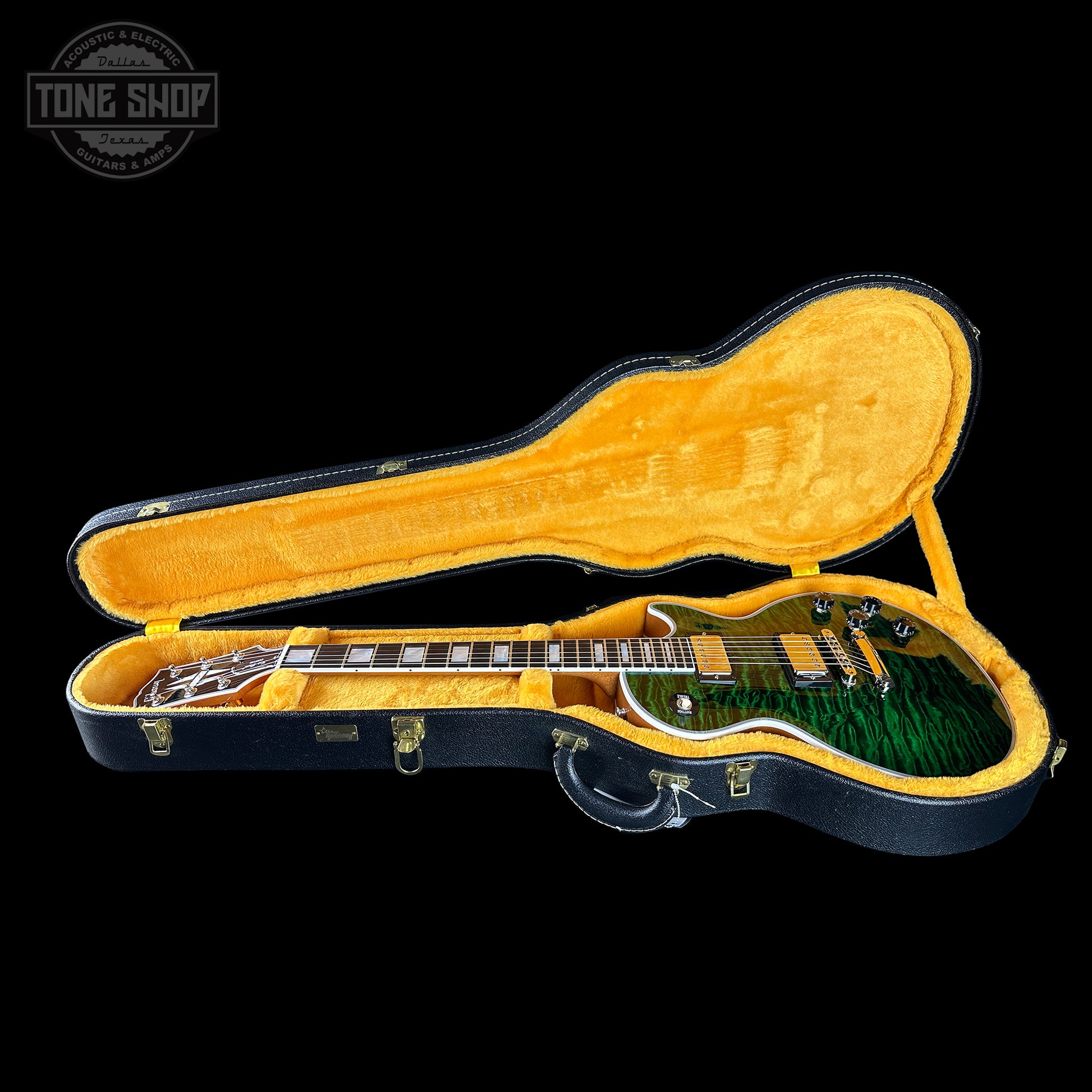 Gibson Custom Shop TSG Anniversary Les Paul Custom Chambered 7A Quilt Trans Green in case.