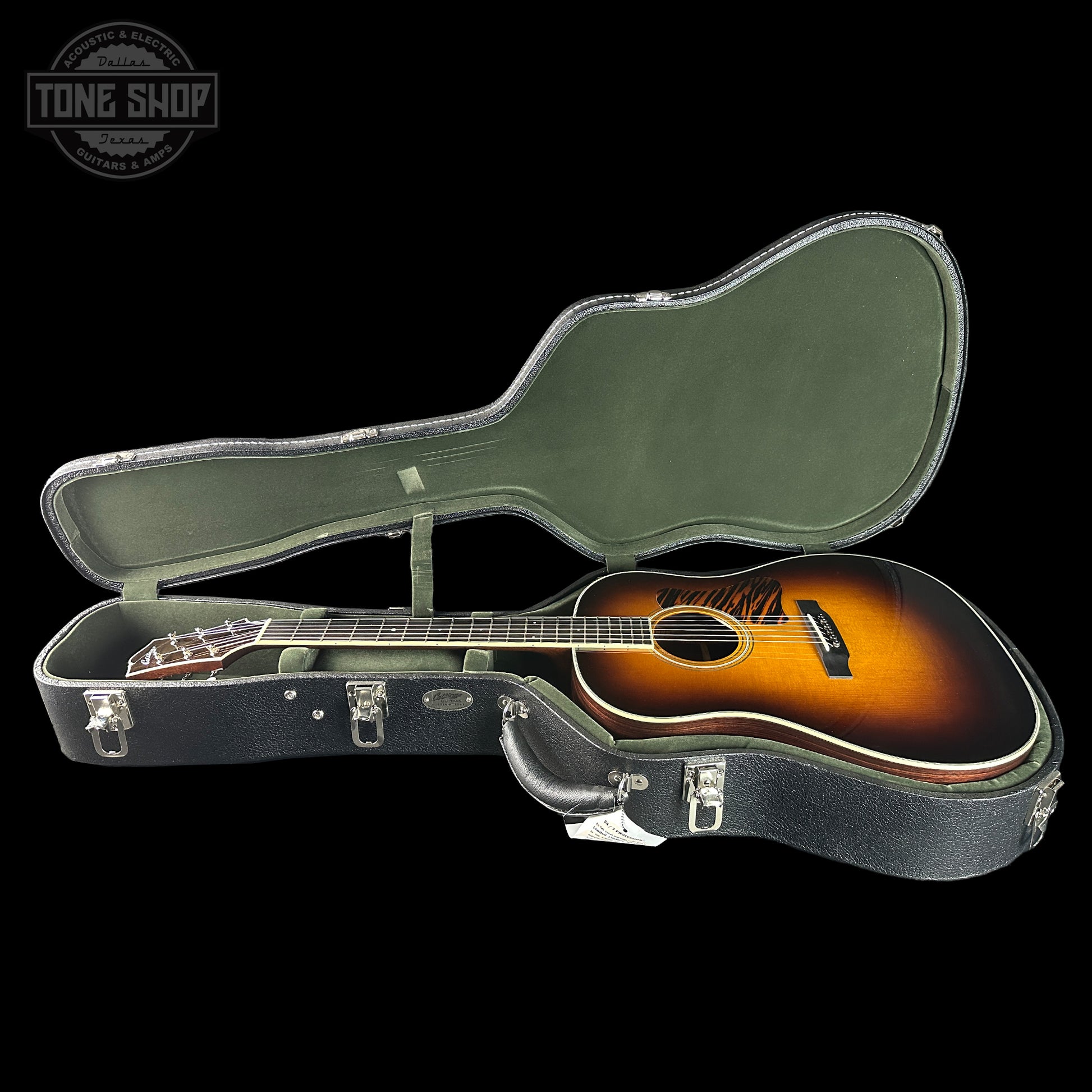 Collings CJ Adirondack Sunburst Tigerstripe Pickguard in case.