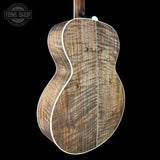 Back angle of Collings SJ Custom Jet Black Top Tigerstripe Pickguard Old Growth Sitka/Bastogne Walnut.