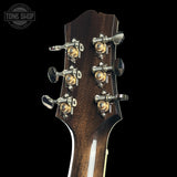 Back of headstock of Collings SJ Custom Jet Black Top Tigerstripe Pickguard Old Growth Sitka/Bastogne Walnut.