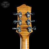 Back of headstock of Collings CJ Old Growth Sitka Baked Bubble Maple.