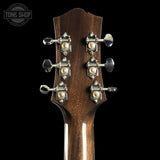 Back of headstock of Collings SJ Custom Jet Black Top Tigerstripe Pickguard Old Growth Sitka/Bastogne Walnut.