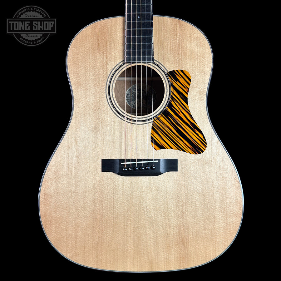 Front of Collings CJ Old Growth Sitka Baked Bubble Maple.