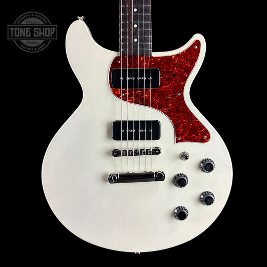 Front of Collings 290 DC Vintage White Throbaks.