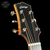 Front of headstock of Collings CJ Old Growth Sitka Baked Bubble Maple.