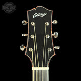 Front of headstock of Collings CJ Old Growth Sitka Baked Bubble Maple.