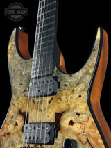 Front angle of Dean USA Custom Shop Exile Burl Maple Top.