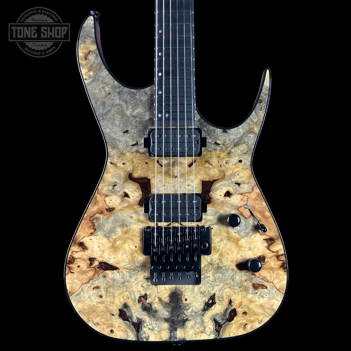 Front of Dean USA Custom Shop Exile Burl Maple Top.