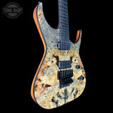 Front angle of Dean USA Custom Shop Exile Burl Maple Top.