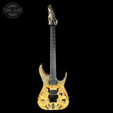 Full front of Dean USA Custom Shop Exile Burl Maple Top.