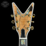 Front of headstock of Dean USA Custom Shop Cadillac Spalted Maple Gold Hardware.