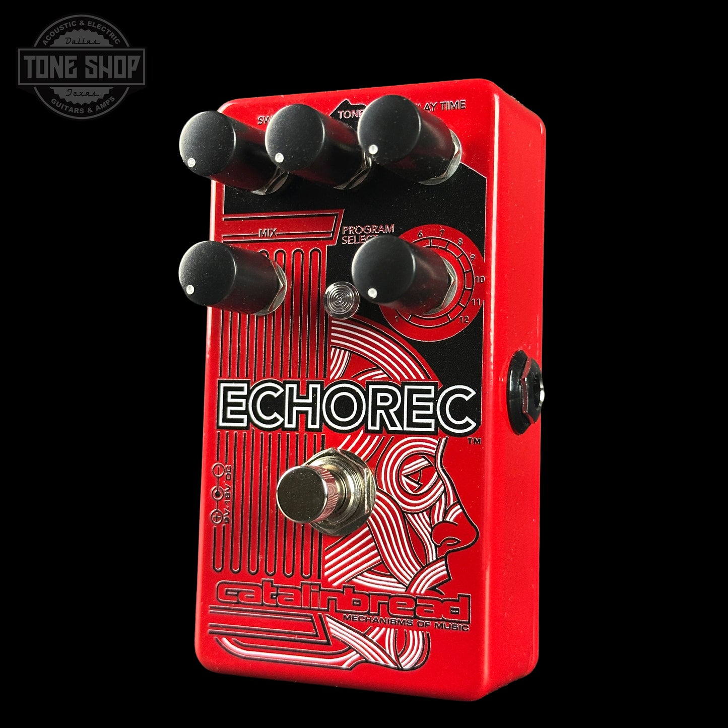 Red guitar effects pedal with 'Echorec' branding on a black background