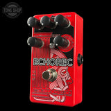 Red guitar effects pedal with 'Echorec' branding on a black background