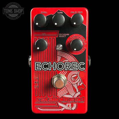Red and black Catalinbread Echorec guitar effects pedal on a white background