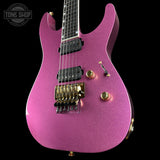 Front angle of ESP USA M-II NTB Floyd Rose Gold Hardware Disco Pink Sparkle SD2.