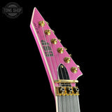 Front angle of headstock of ESP USA M-II NTB Floyd Rose Gold Hardware Disco Pink Sparkle SD2.