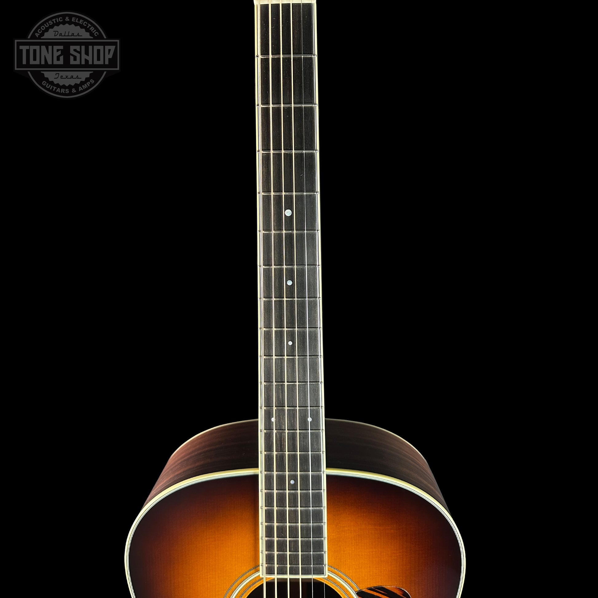 Fretboard of Collings CJ Adirondack Sunburst Tigerstripe Pickguard.