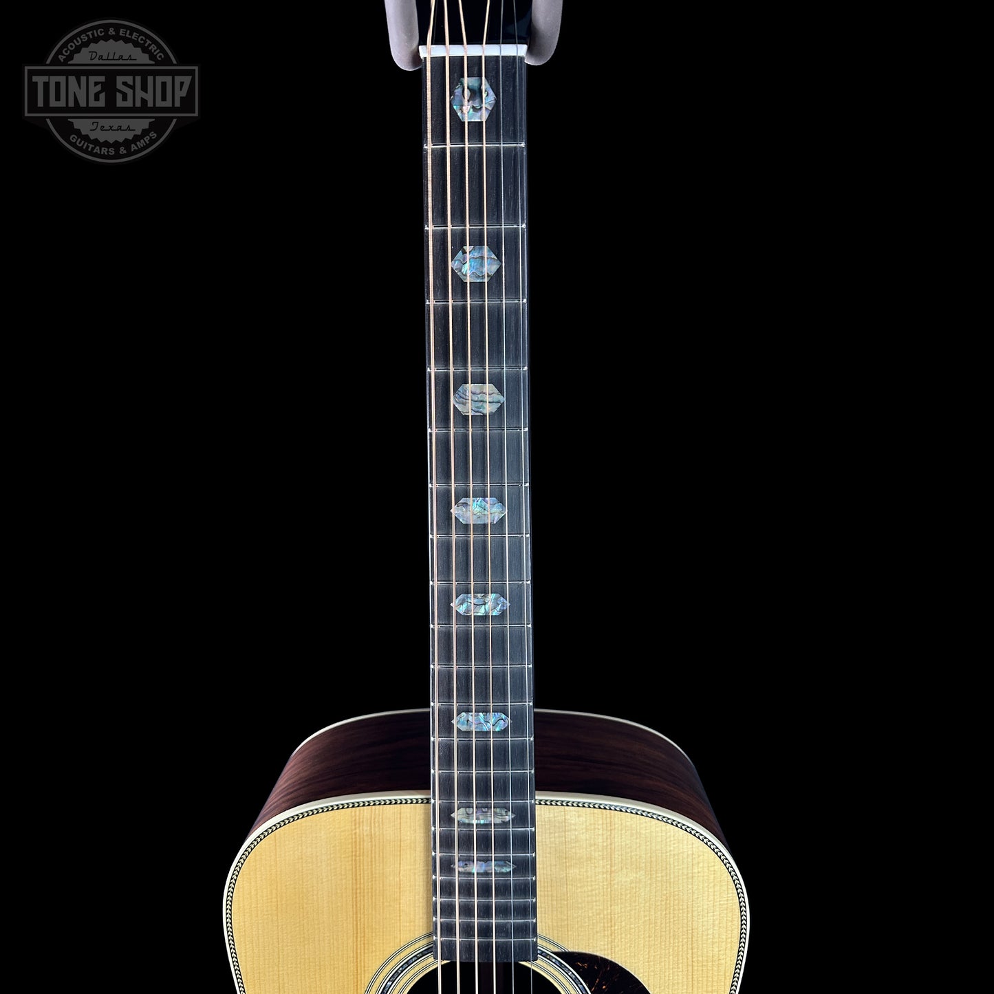 Fretboard of Martin Custom Shop Dread 14-Fret Wild Grain East Indian Rosewood.