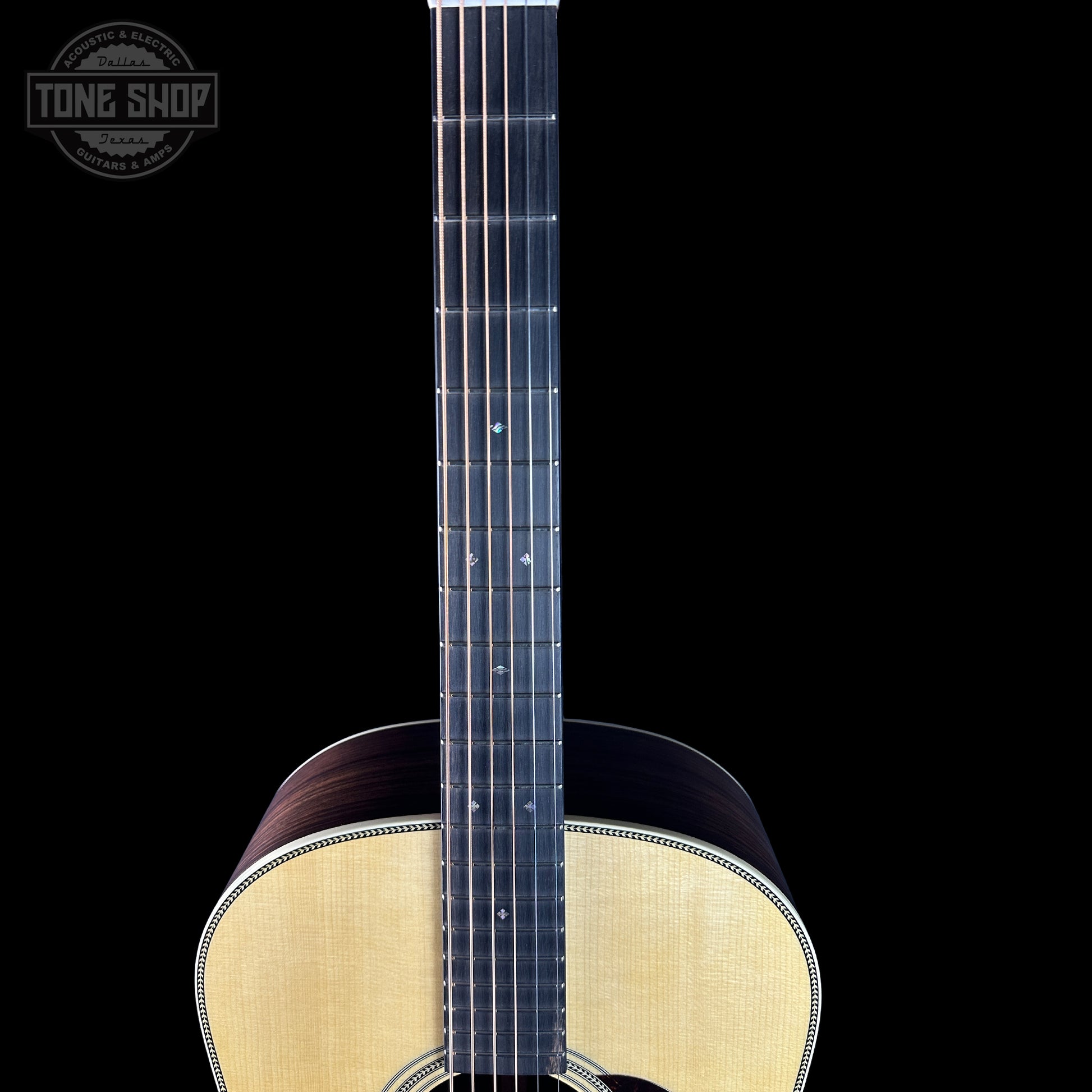 Fretboard of Martin Custom Shop Dread 12-Fret Wild Grain East Indian Rosewood.