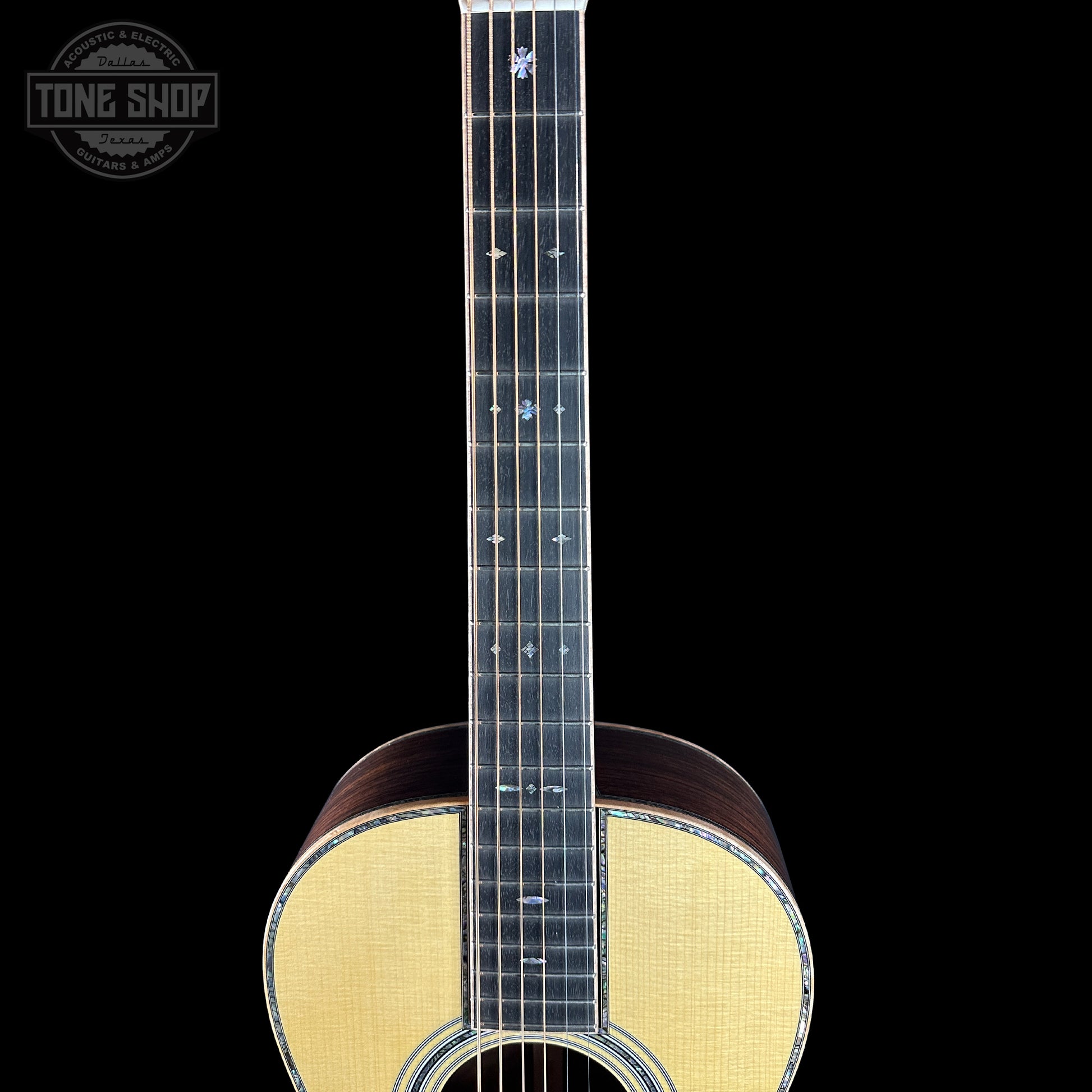 Fretboard of Martin Custom Shop 00-12F 45 Style Adirondack/Wild Grain East Indian Rosewood.