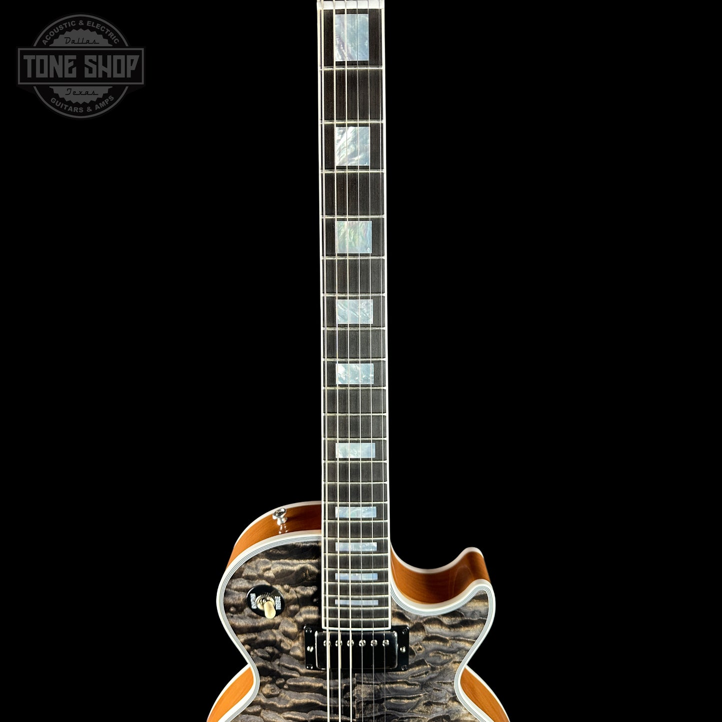 Fretboard of Gibson Custom Shop TSG Anniversary Les Paul Custom Chambered 7A Quilt Cobra.