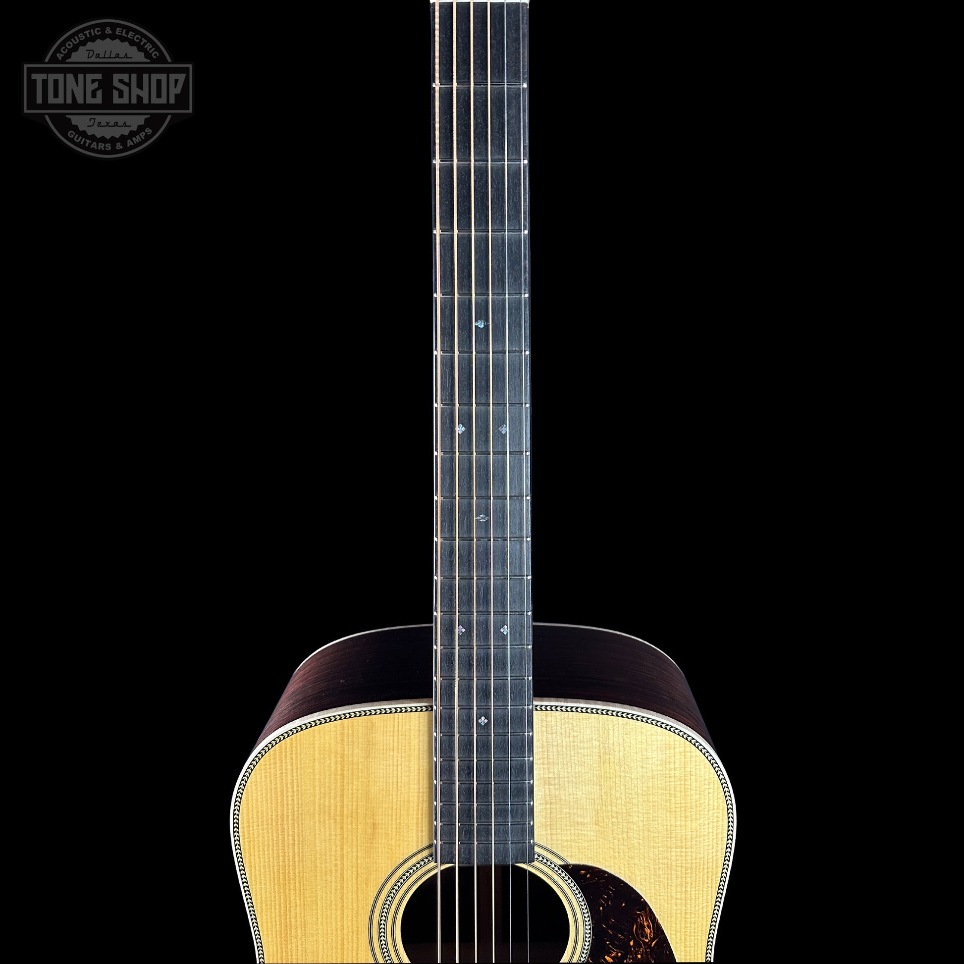 Fretboard of Martin Custom Shop Dread 14-Fret Wild Grain East Indian Rosewood.