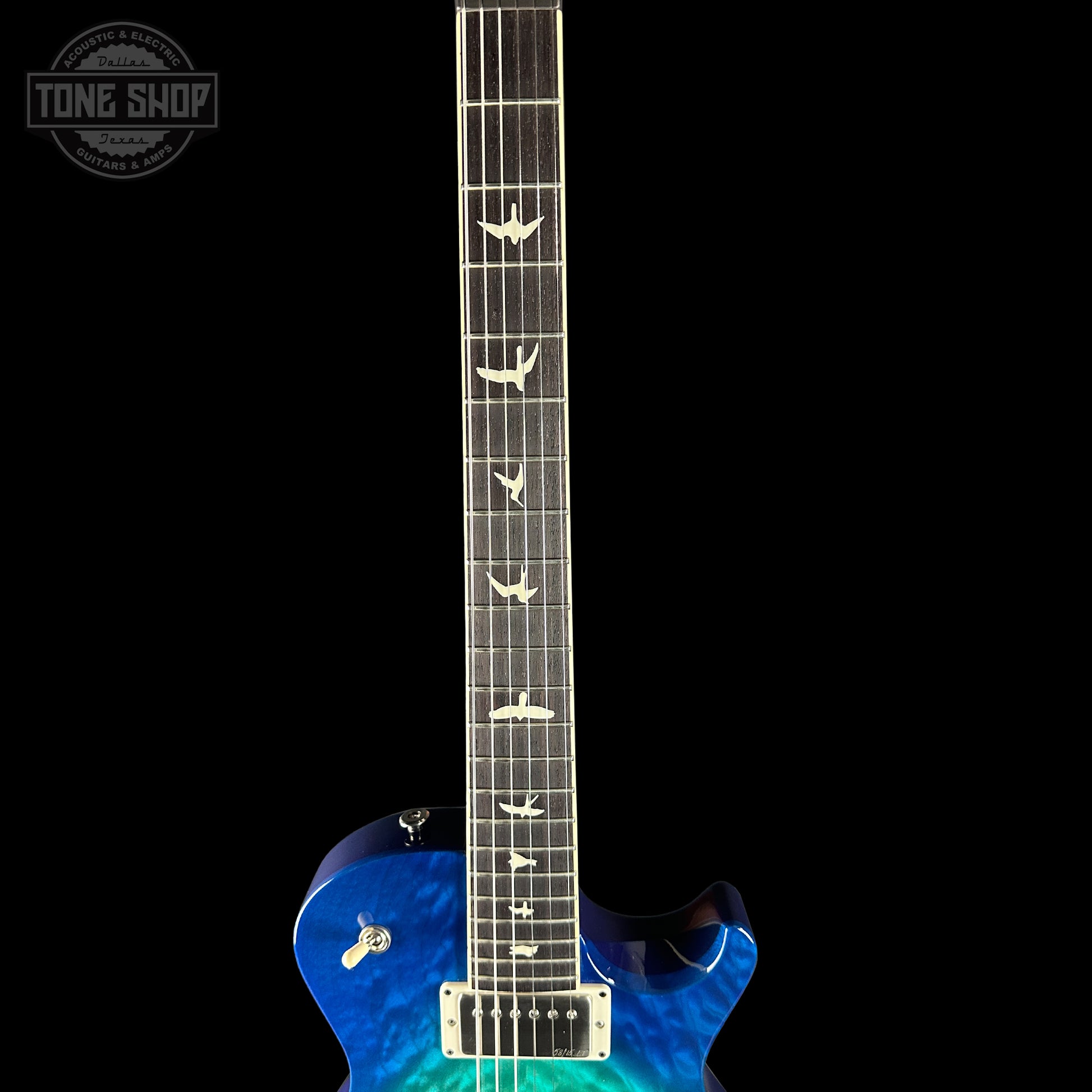 Fretboard of PRS S2 Wood Library McCarty 594 Singlecut Quilt Makena Blue.