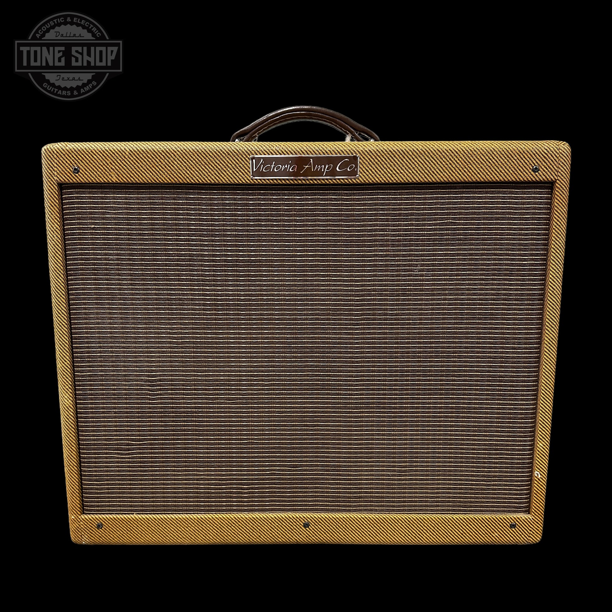 Vintage guitar amplifier with 'Victoria Amp Co' branding on a black background