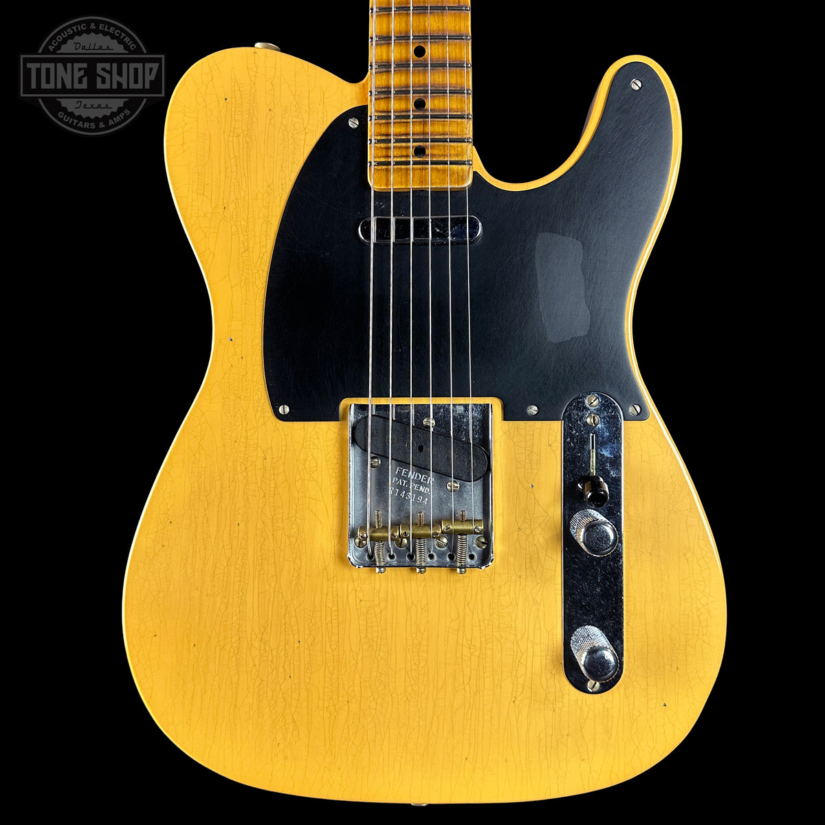 Front of Fender Custom Shop 1951 Nocaster Journeyman Relic Aged Nocaster Blonde.