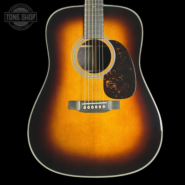 Front of Martin Custom Shop Dread 28 Style 1935 Sunburst Adirondack / Wild Grain East Indian Rosewood.