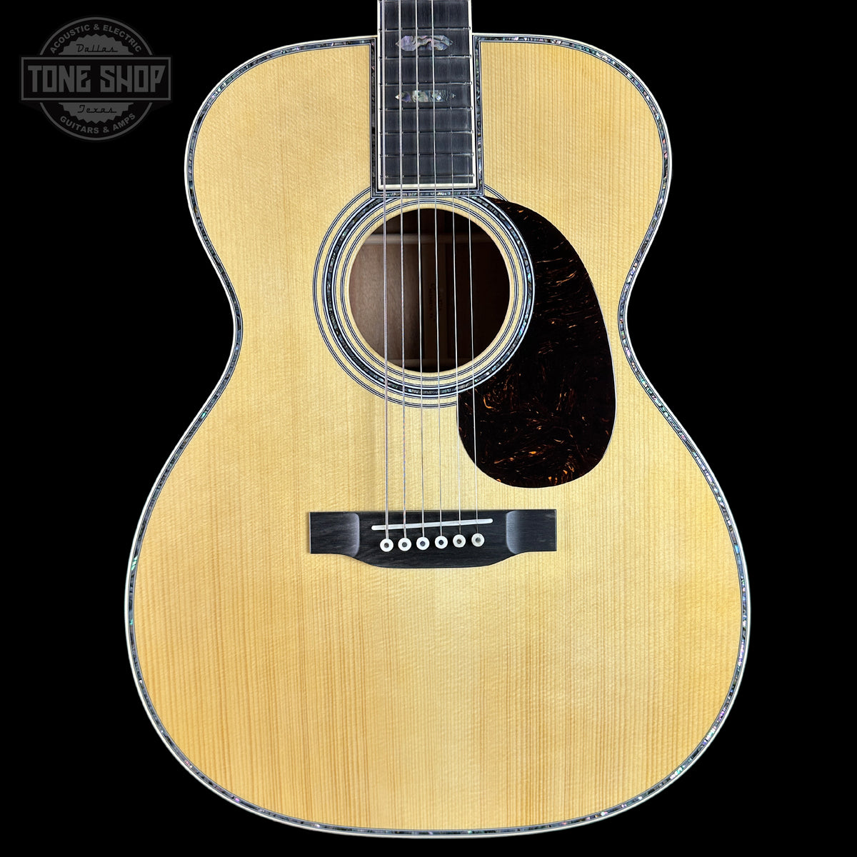 Front of Martin Custom Shop OM 45 Style Adirondack/Exceptional Broad Figure Koa.