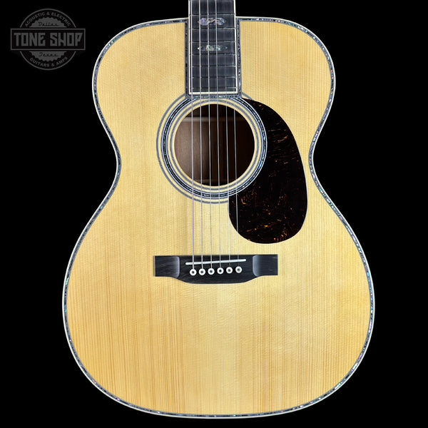 Front of Martin Custom Shop OM 45 Style Adirondack/Exceptional Broad Figure Koa.
