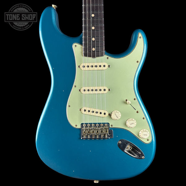 Front of Fender Custom Shop 1963 Stratocaster Journeyman Relic Ocean Turquoise AAA Maple Neck.