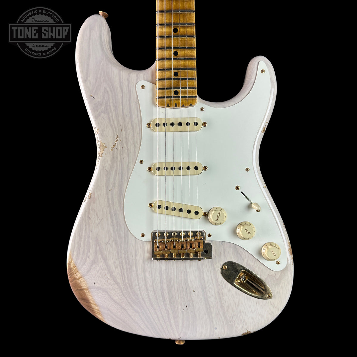 Front of Fender Custom Shop 1957 Stratocaster Relic White Blonde AAA Maple Neck.