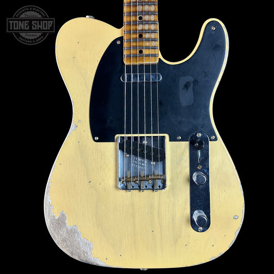 Front of Fender Custom Shop 1950 Double Esquire Heavy Relic Aged Nocaster Blonde.