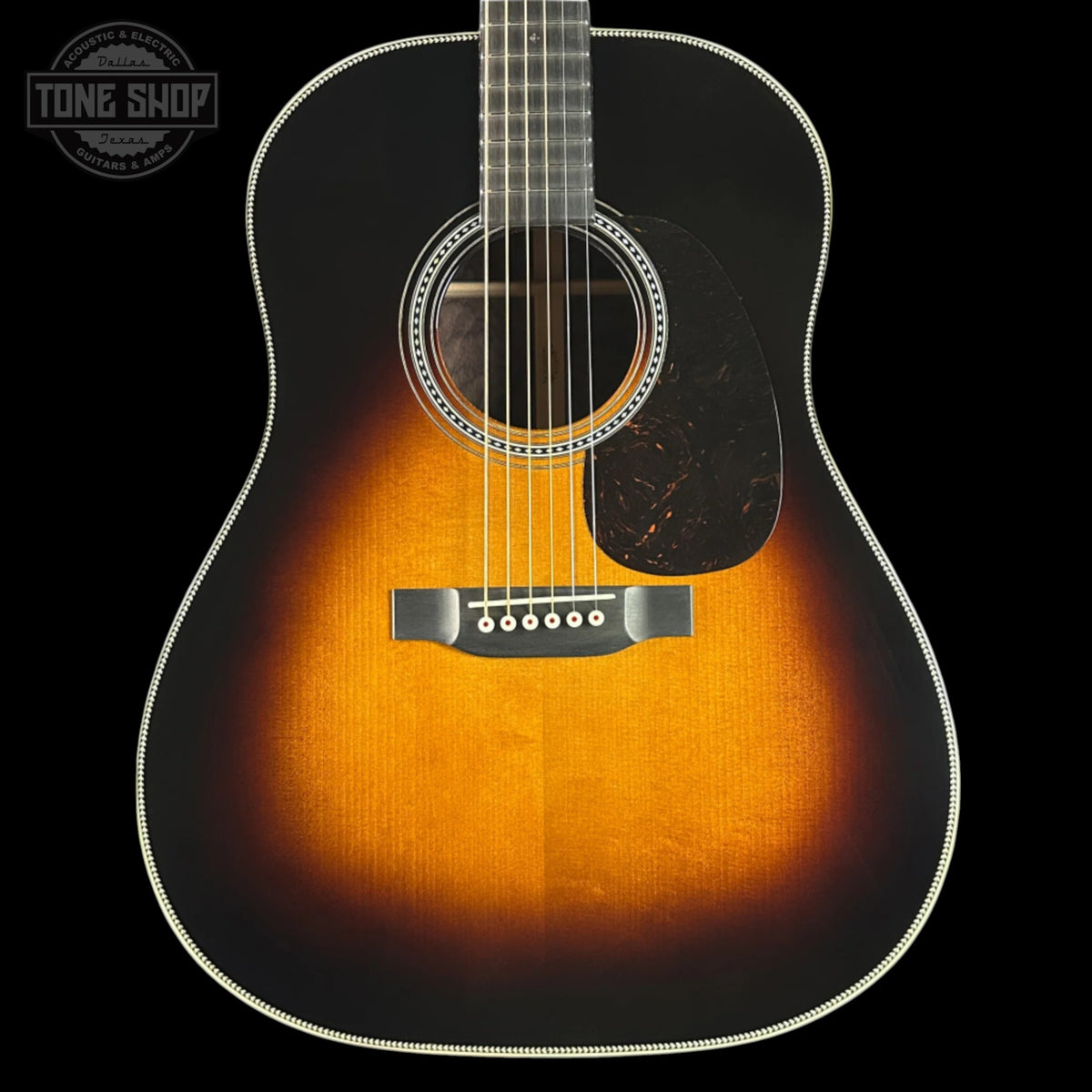 Front of Martin Custom Shop Slope Shoulder Dread 1935 Sunburst 45 Style Adirondack / Wild Grain East Indian Rosewood.