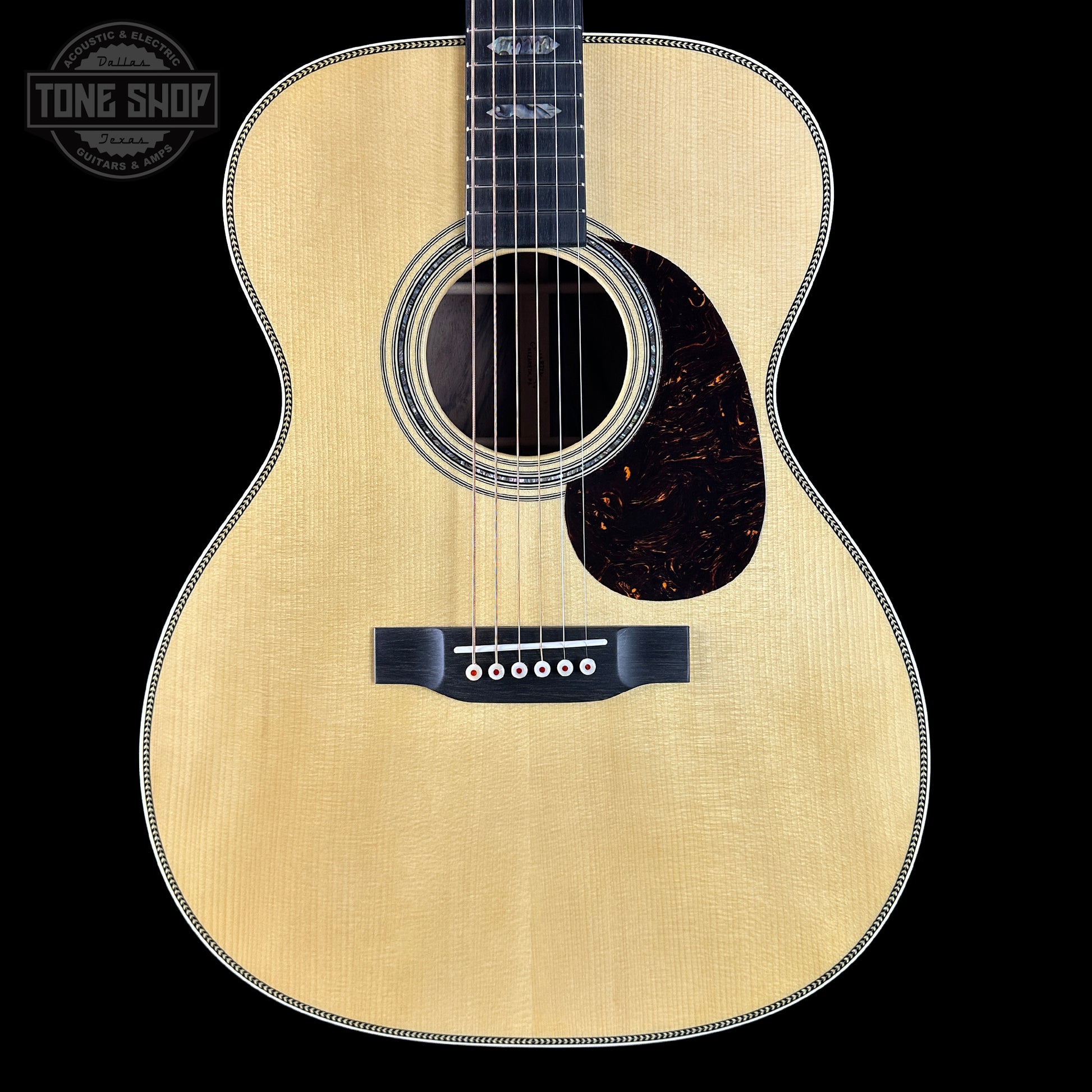 Front of Martin Custom Shop OM 28/45 Adirondack/Wild East Indian Rosewood.