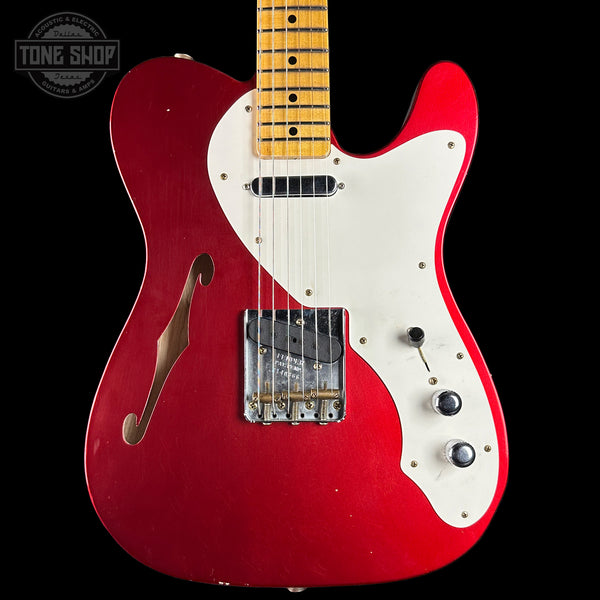Front of Fender Custom Shop 50S Thineline Telecaster Journeyman Relic Aged Candy Apple Red.