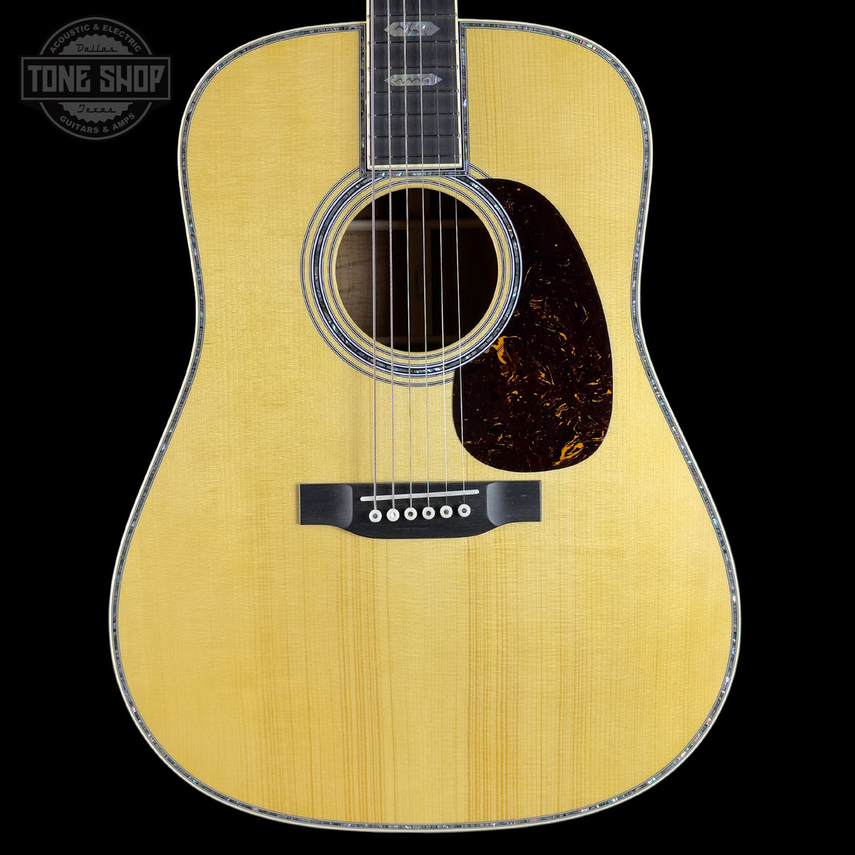 Front of Martin Custom Shop Dread 45 Style Adirondack/Exceptional Broad Figure Koa.