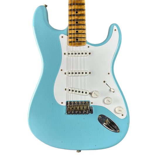 Front of Fender Custom Shop 70th Anniversary 1954 Stratocaster Journeyman Relic Daphne Blue.