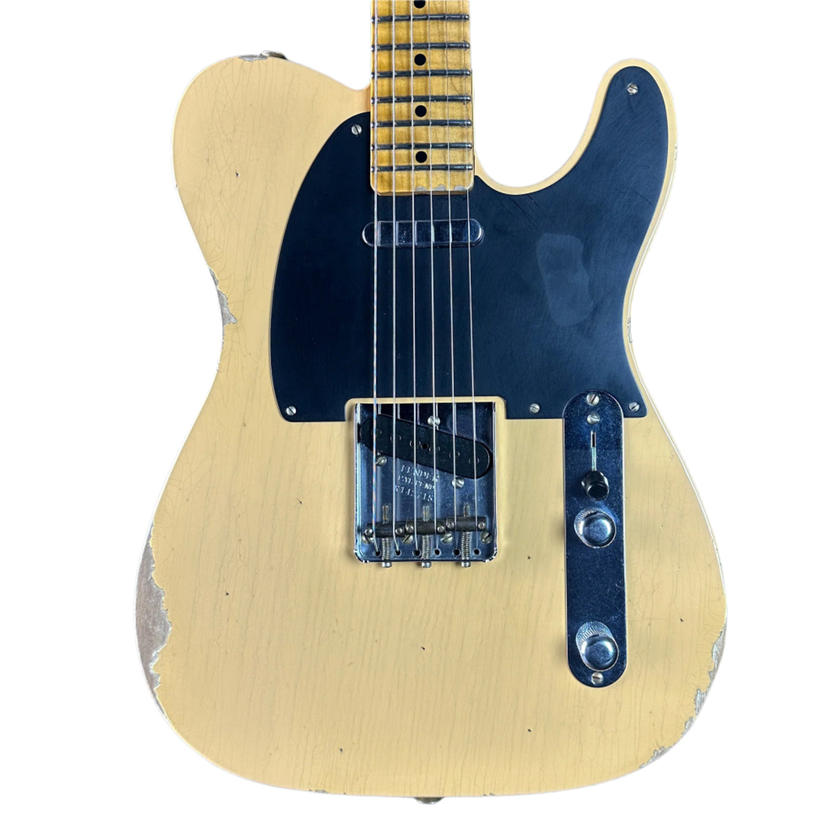 Front of Fender Custom Shop 1951 Nocaster Relic Nocaster Blonde.