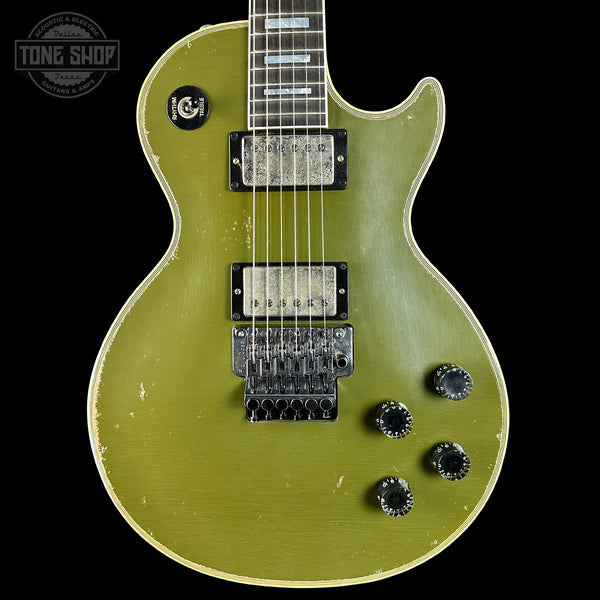 Front of Gibson Custom Shop Dealer Select Les Paul Axcess Custom Floyd Rose Olive Drab Heavy Aged NH.