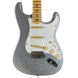 Front of Fender Custom Shop 1969 Stratocaster Journeyman Relic Silver Sparkle.