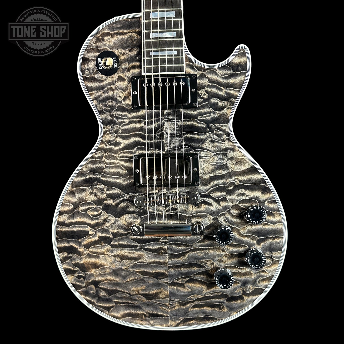 Front of Gibson Custom Shop TSG Anniversary Les Paul Custom Chambered 7A Quilt Cobra.