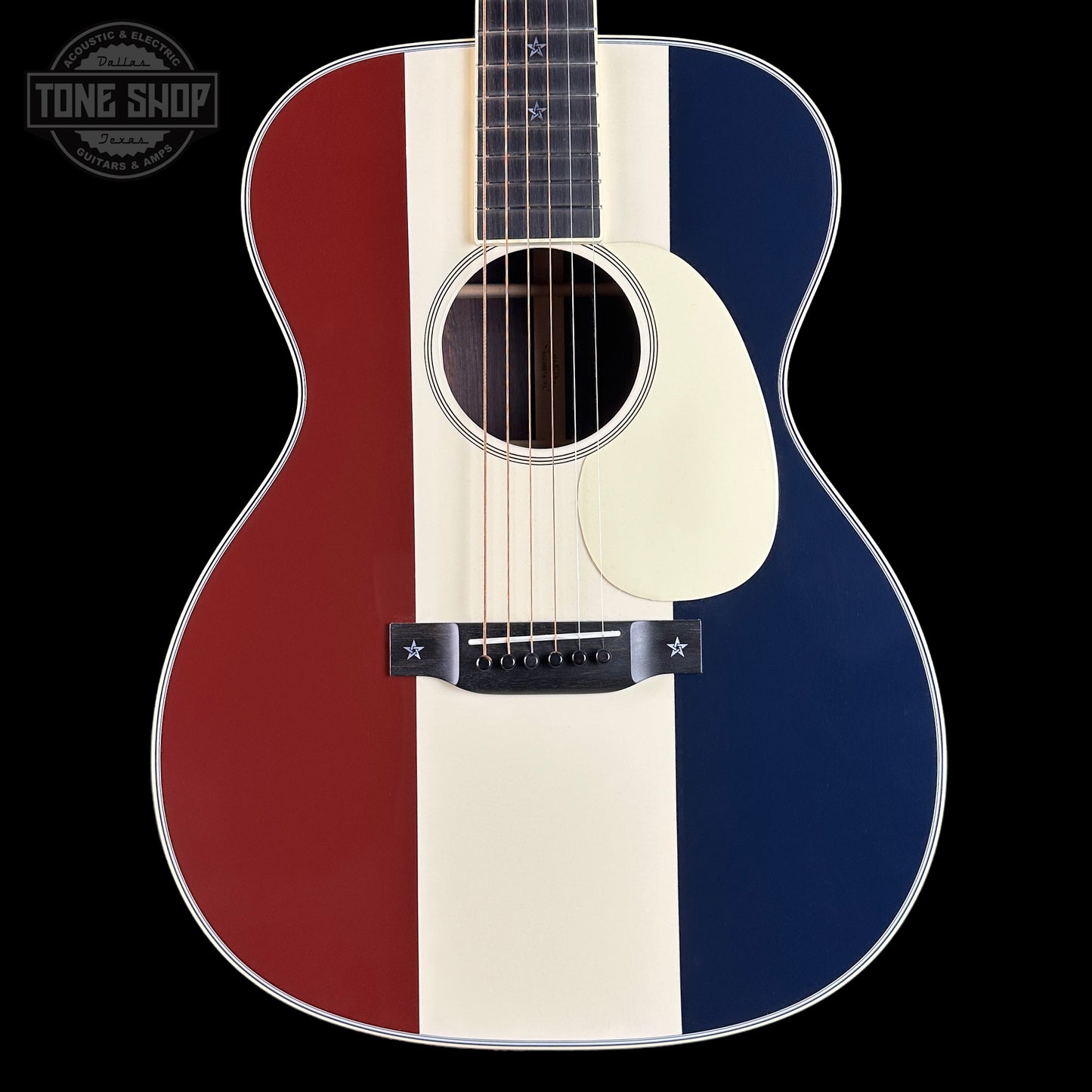 Front of Martin Custom Shop OM Red/White/Blue Sitka/EIR.