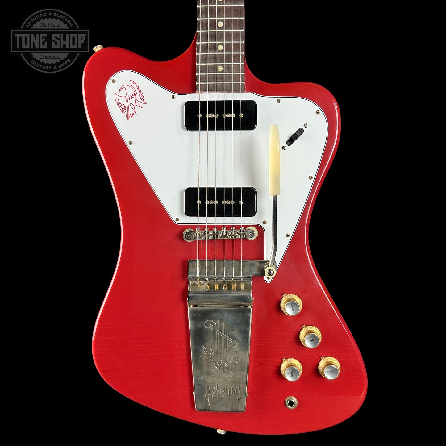 Front of Gibson Custom Dealer Select 1965 Non Reverse Firebird Ember Red Ultra Light Aged.