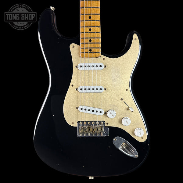 Front of Fender Custom Shop Limited Edition Roasted '54 Strat Journeyman Relic Aged Black.