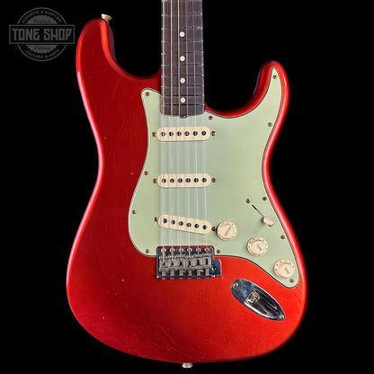 Front of Fender Custom Shop 1963 Stratocaster Journeyman Relic AAA Maple Neck Melon Candy.