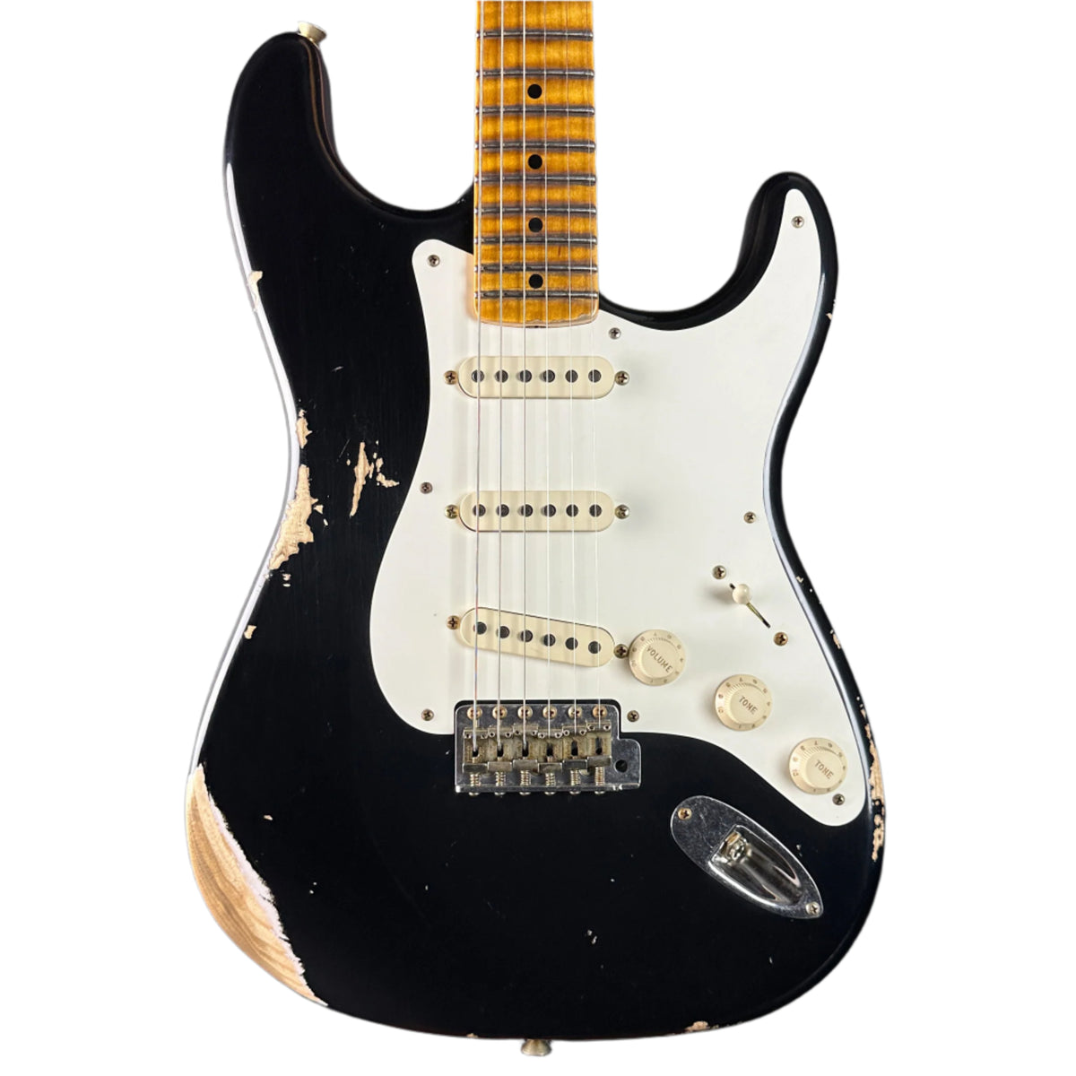 Front of Fender Custom Shop 1957 Stratocaster Relic Black AAA Maple Neck.