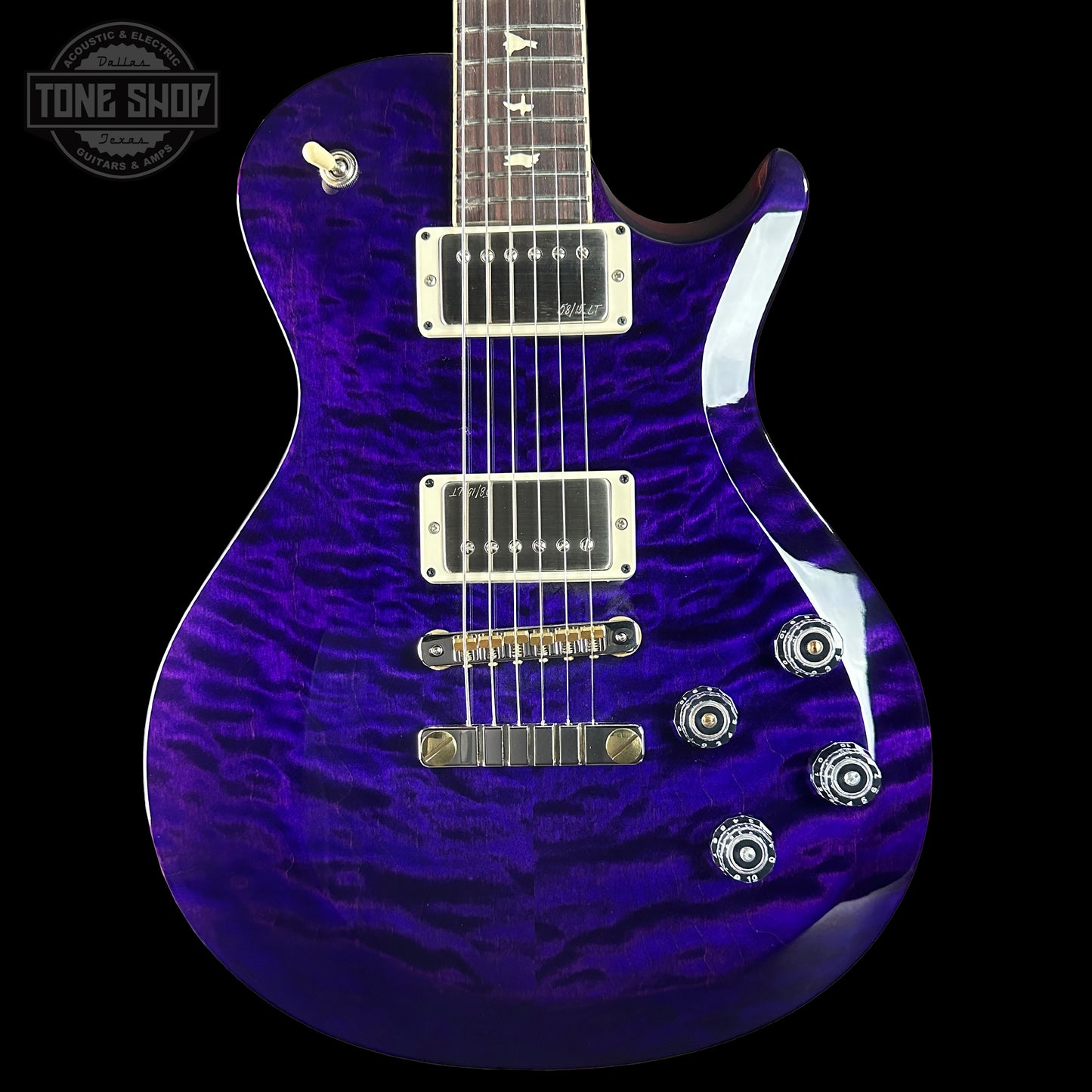Front of PRS S2 Wood Library McCarty 594 Singlecut Quilt Purple.